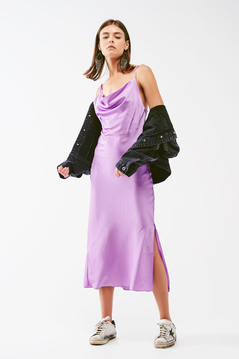 Satin midi dress with cowl neck in lilac | Just Cool Beans — dresses