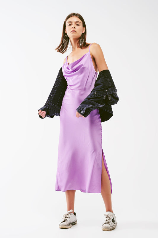 Satin midi dress with cowl neck in lilac | Just Cool Beans — dresses
