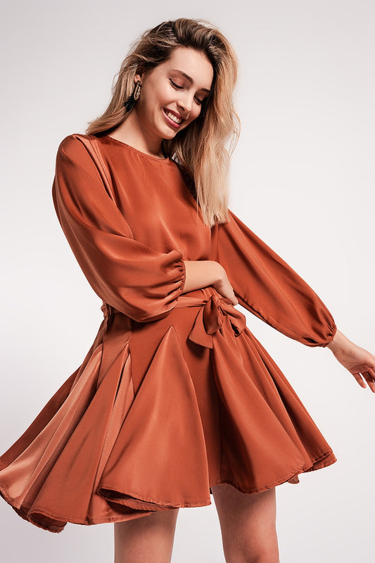 Satin mini dress with belt in orange | Just Cool Beans — dresses