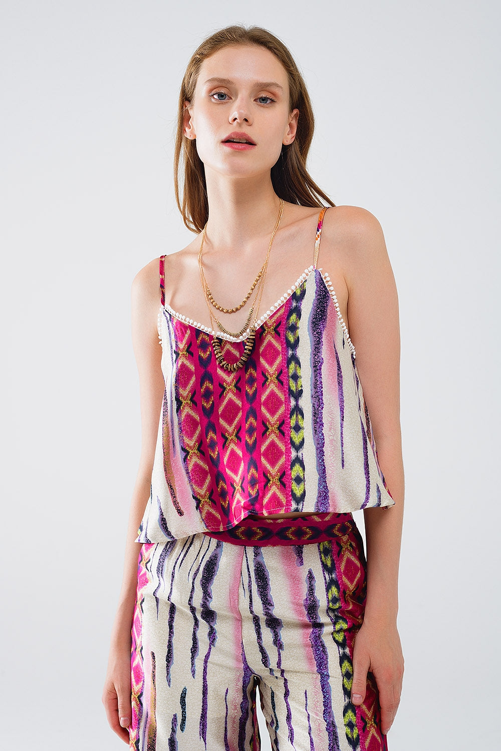 Satin multicolored sleeveless top with abstract print | Just Cool Beans — tops