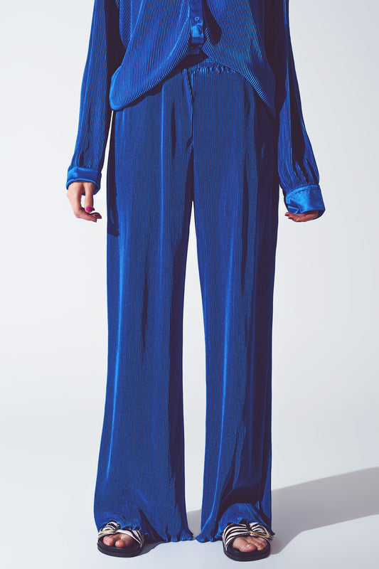 Satin pleated wide leg pants in blue | Just Cool Beans — pants | bottoms