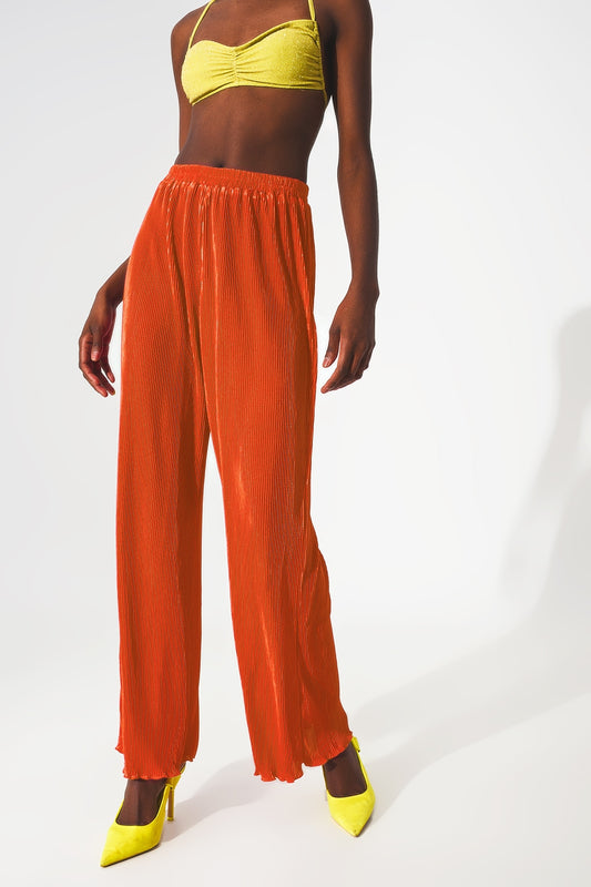 Satin pleated wide leg pants in orange | Just Cool Beans — pants | bottoms