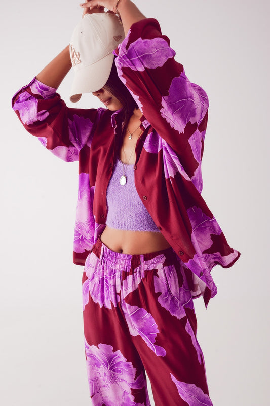 Satin shirt in fuchsia with large floral print | Just Cool Beans — shirts | nan