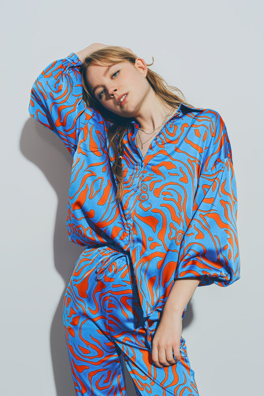 Satin shirt with balloon sleeves in blue | Just Cool Beans — shirts | nan