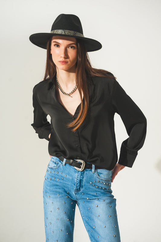 Satin shirt with v neck in black | Just Cool Beans — shirts | nan