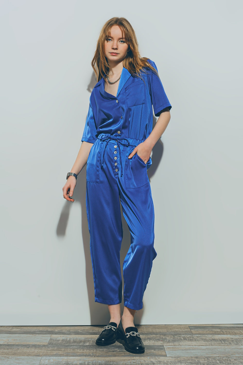 Satin short sleeve shirt in blue | Just Cool Beans — shirts | bottoms