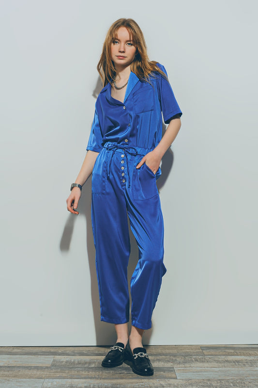 Satin short sleeve shirt in blue | Just Cool Beans — shirts | bottoms