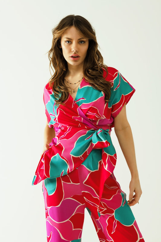 Satin short sleeves top with floral design and a knot detail | Just Cool Beans — tops | bottoms