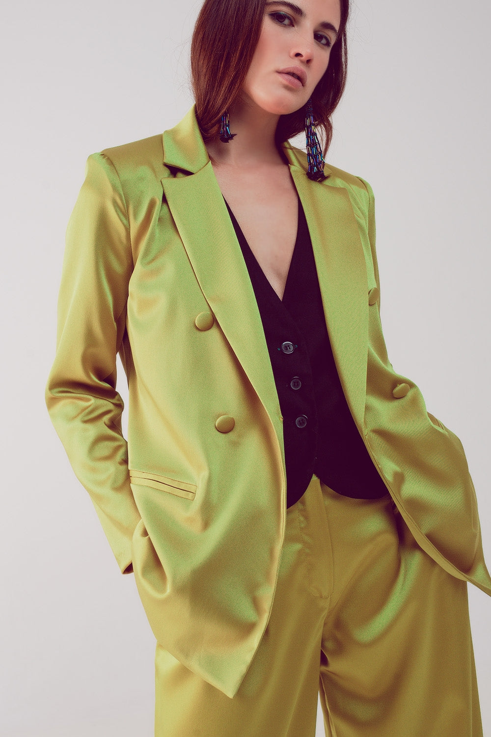 Satin tailored double breast blazer in lime | Just Cool Beans — coats and jackets | jackets