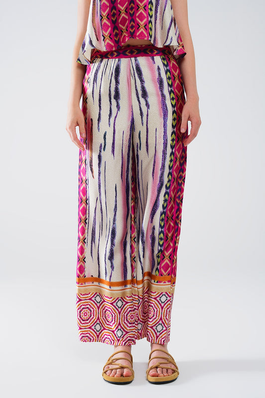 Satin wide leg pants with abstract print in multicolor | Just Cool Beans — pants | bottoms