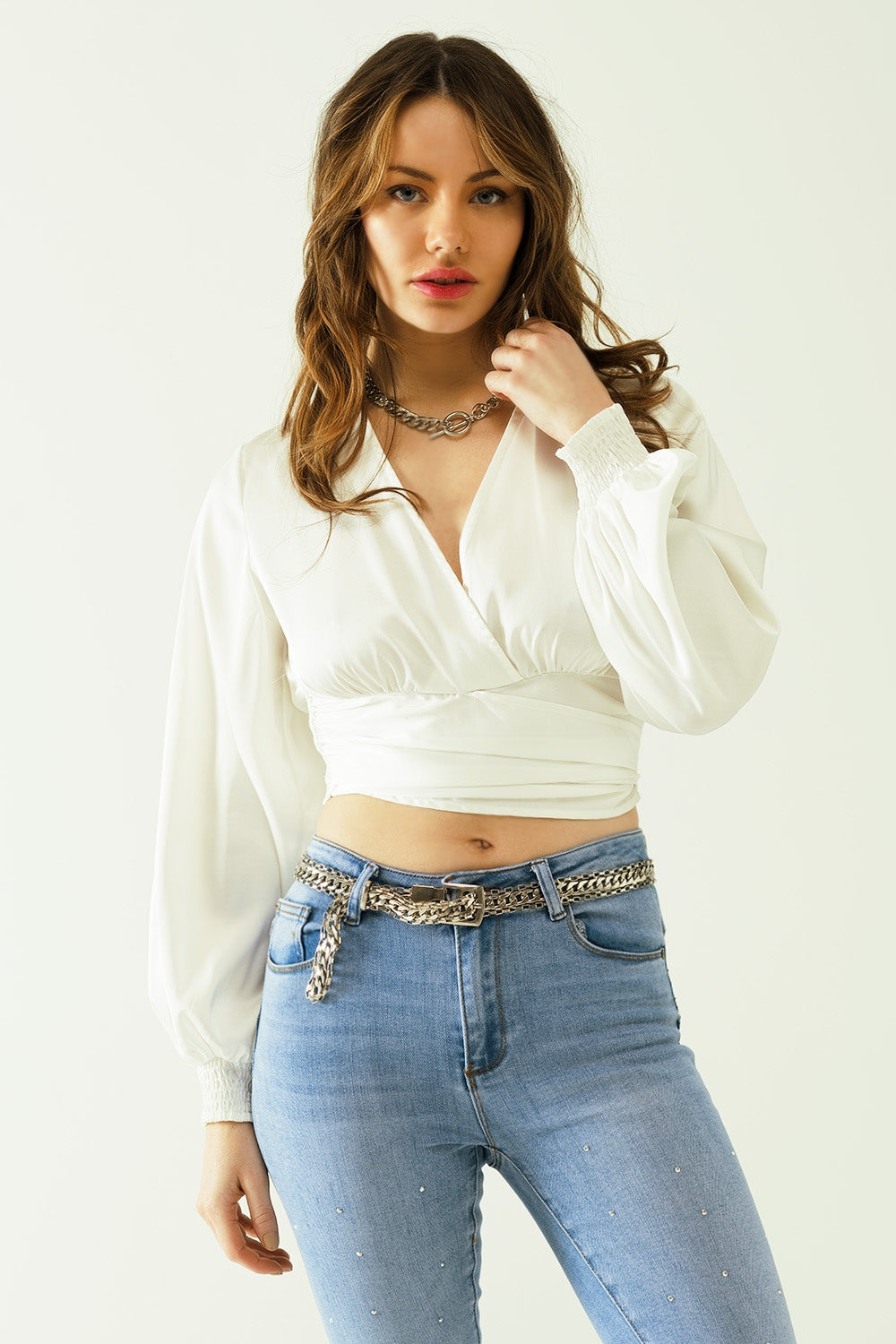 Satin wrap crop top fitted at the waist in white | Just Cool Beans — tops