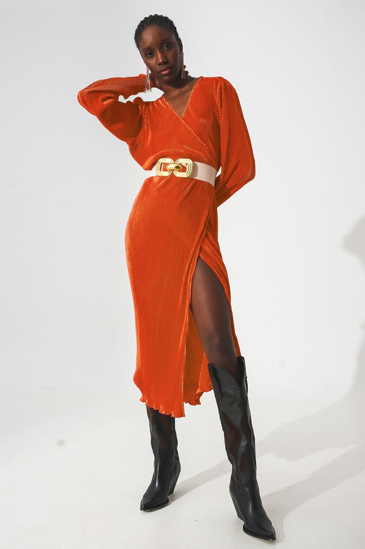 Satin wrap deatil pleated dress in orange | Just Cool Beans — dresses