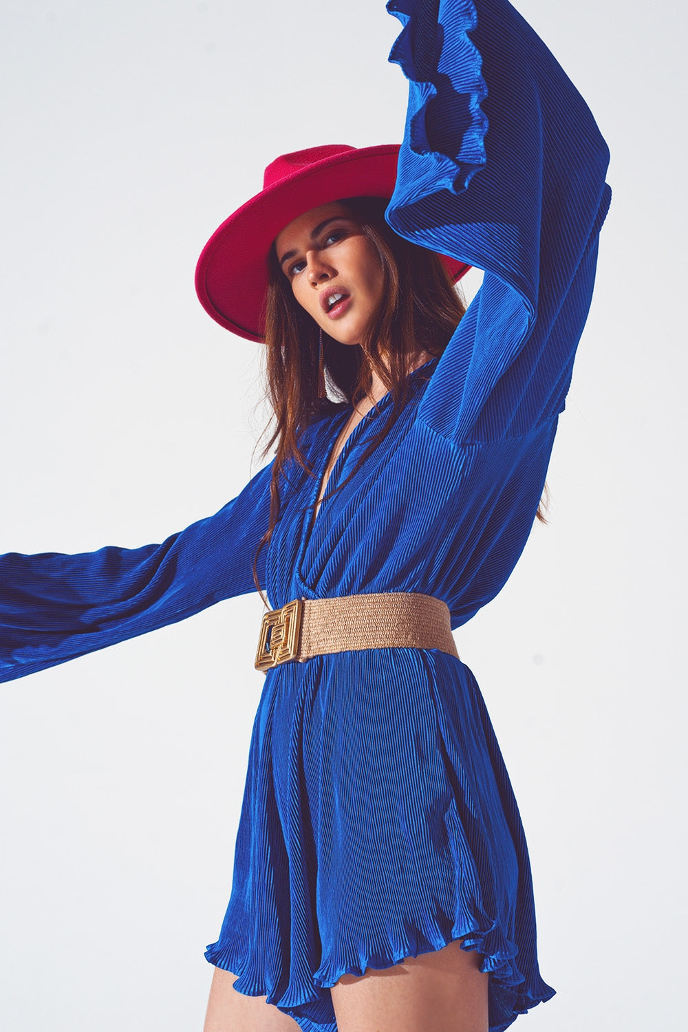 Satin wrap deatil pleated short jumpsuit in blue | Just Cool Beans — dresses | bottoms