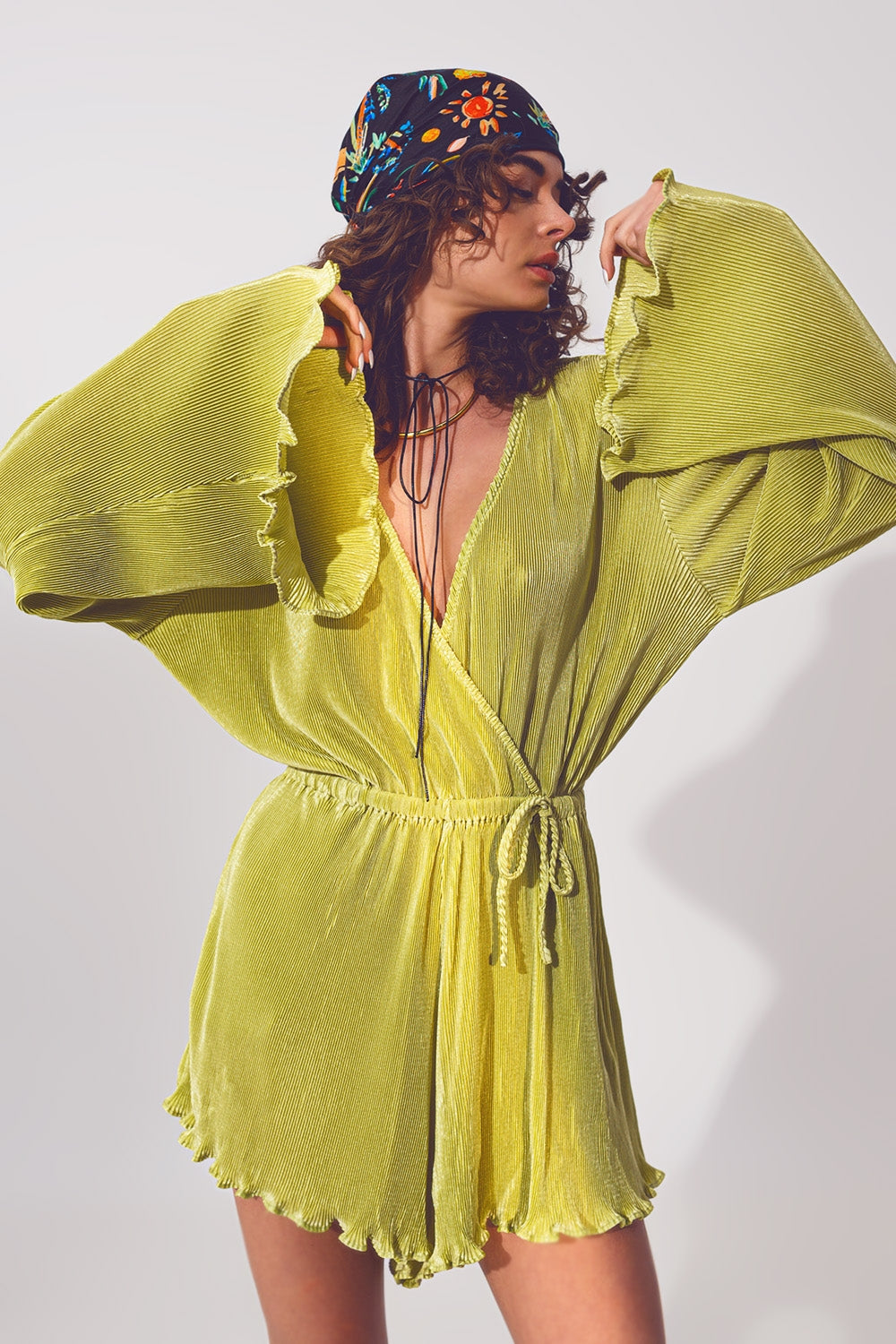 Satin wrap deatil pleated short jumpsuit in green | Just Cool Beans — dresses | bottoms