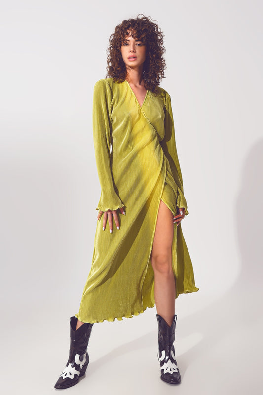 Satin wrap detail pleated dress in green | Just Cool Beans — dresses