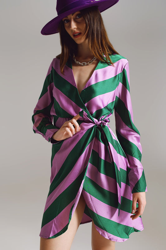Satin wrap dress in lilac and green striped print | Just Cool Beans — dresses