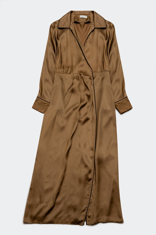 Satin wrap front maxi dress in beige satin | Just Cool Beans — dresses