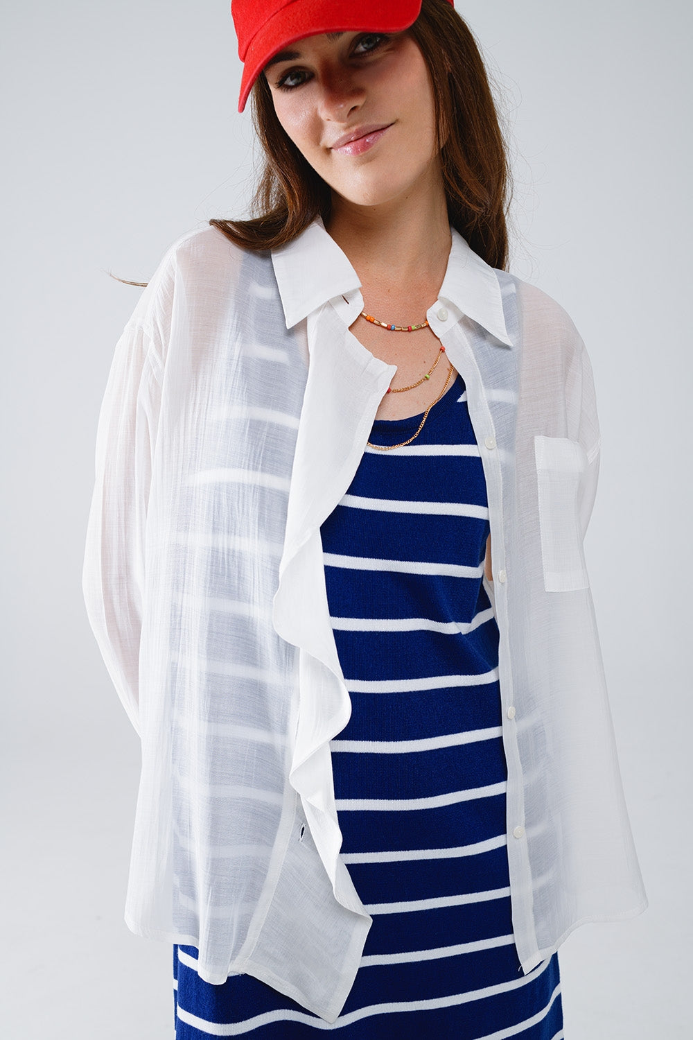 Semi sheer white blouse with ruffle detail down the front | Just Cool Beans — shirts | tops