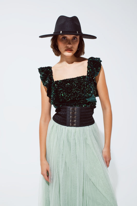 Sequin cropped top in green with wide straps | Just Cool Beans — tops