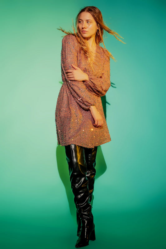 Sequin wrap mini dress in powder pink | Just Cool Beans — dresses