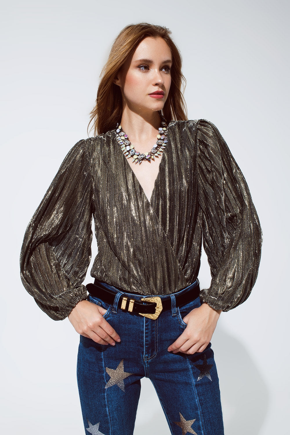 Shiny glitter body with deep v neck in gold | Just Cool Beans — tops