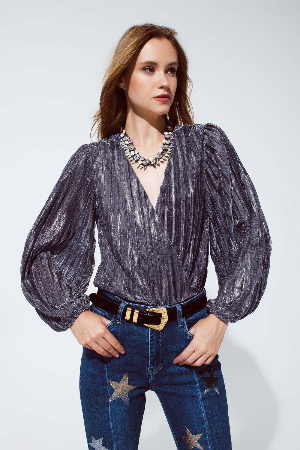 Shiny glitter body with deep v-neck in silver | Just Cool Beans — tops