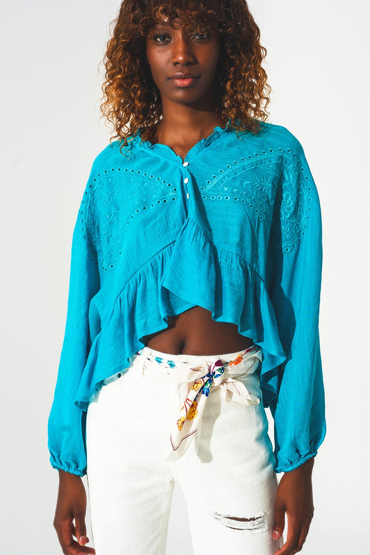Shirred crop top with embroidery in blue | Just Cool Beans — tops