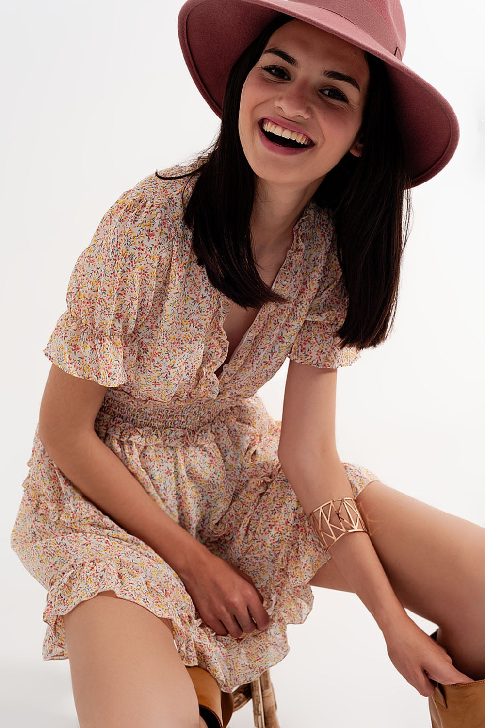 Shirred mini skater dress in floral yellow | Just Cool Beans — dresses