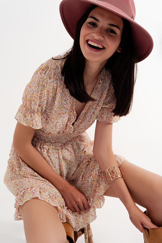 Shirred mini skater dress in floral yellow | Just Cool Beans — dresses