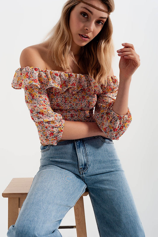 Shirred off the shoulder top with ruffle in coral floral print | Just Cool Beans — tops