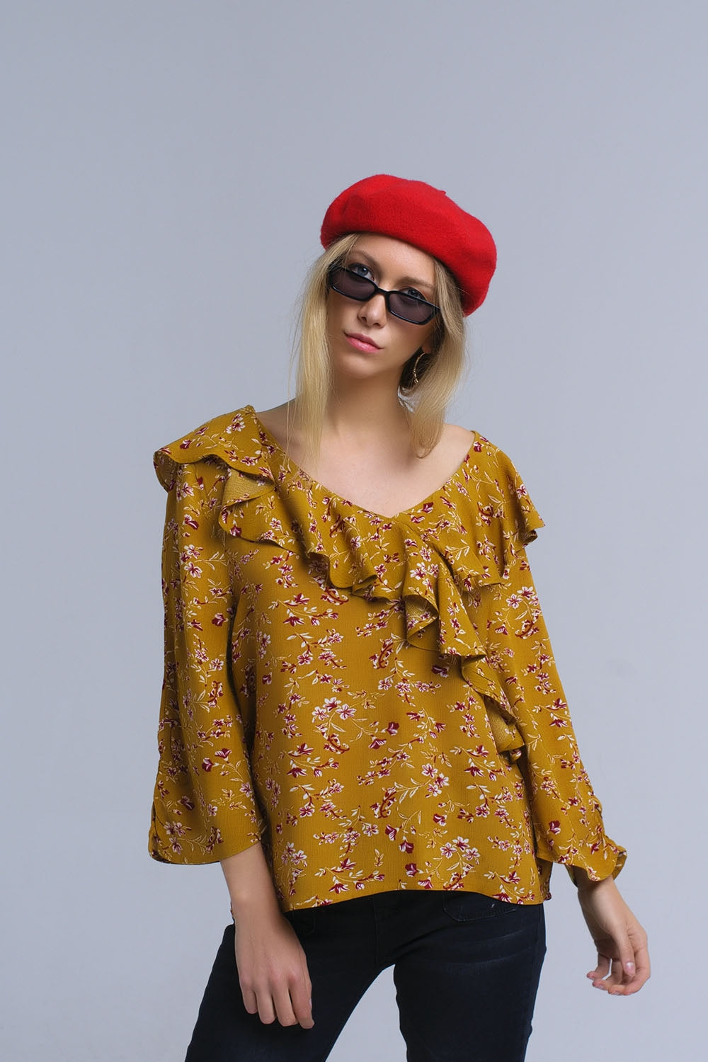 Shirt with crossed ruffles in mustard | Just Cool Beans — shirts | nan