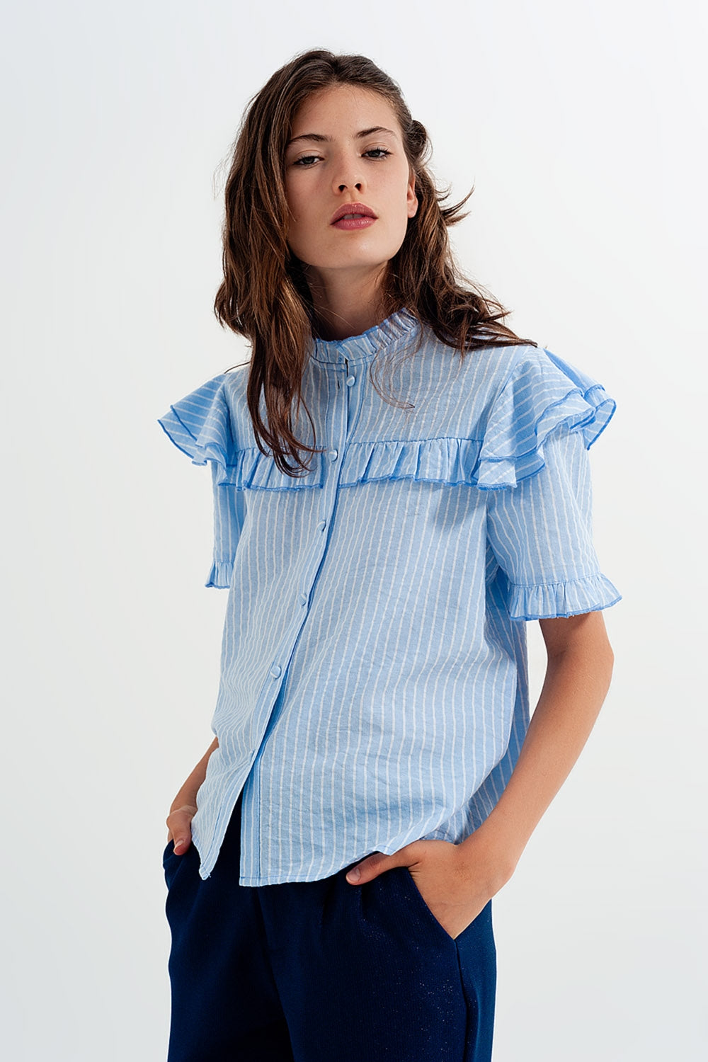 Shirt with frill detail in blue | Just Cool Beans — shirts | nan
