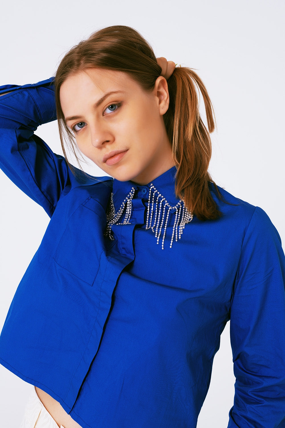 Shirt with fringe strass collar in blue | Just Cool Beans — shirts | nan