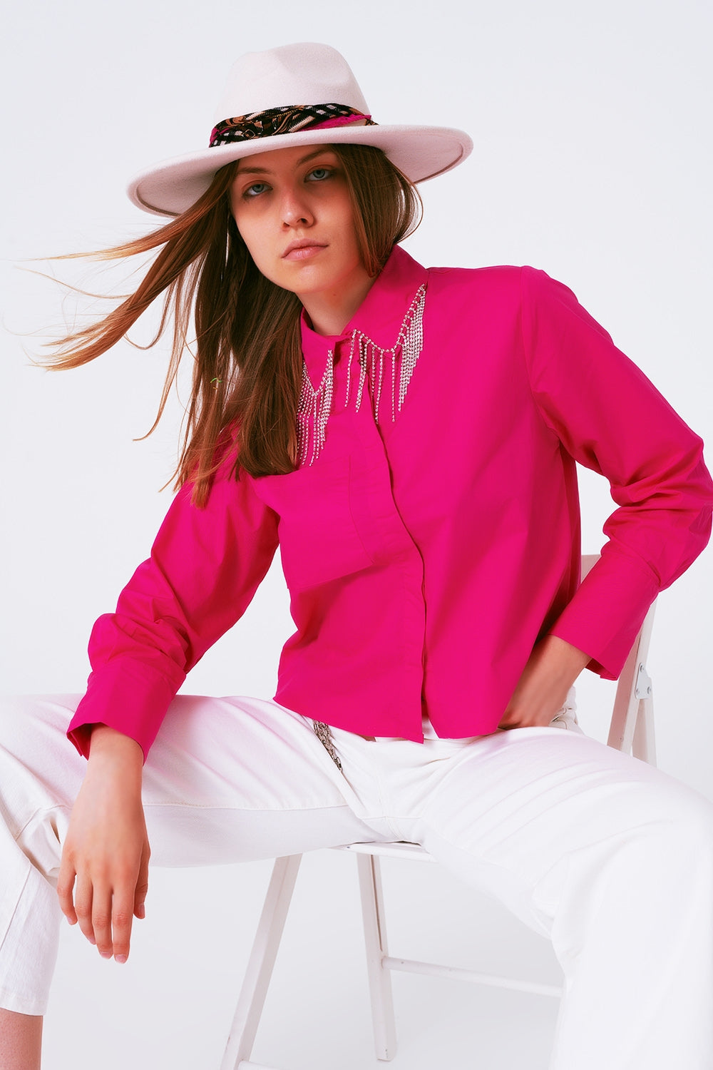 Shirt with fringe strass collar in fuxia | Just Cool Beans — shirts | nan