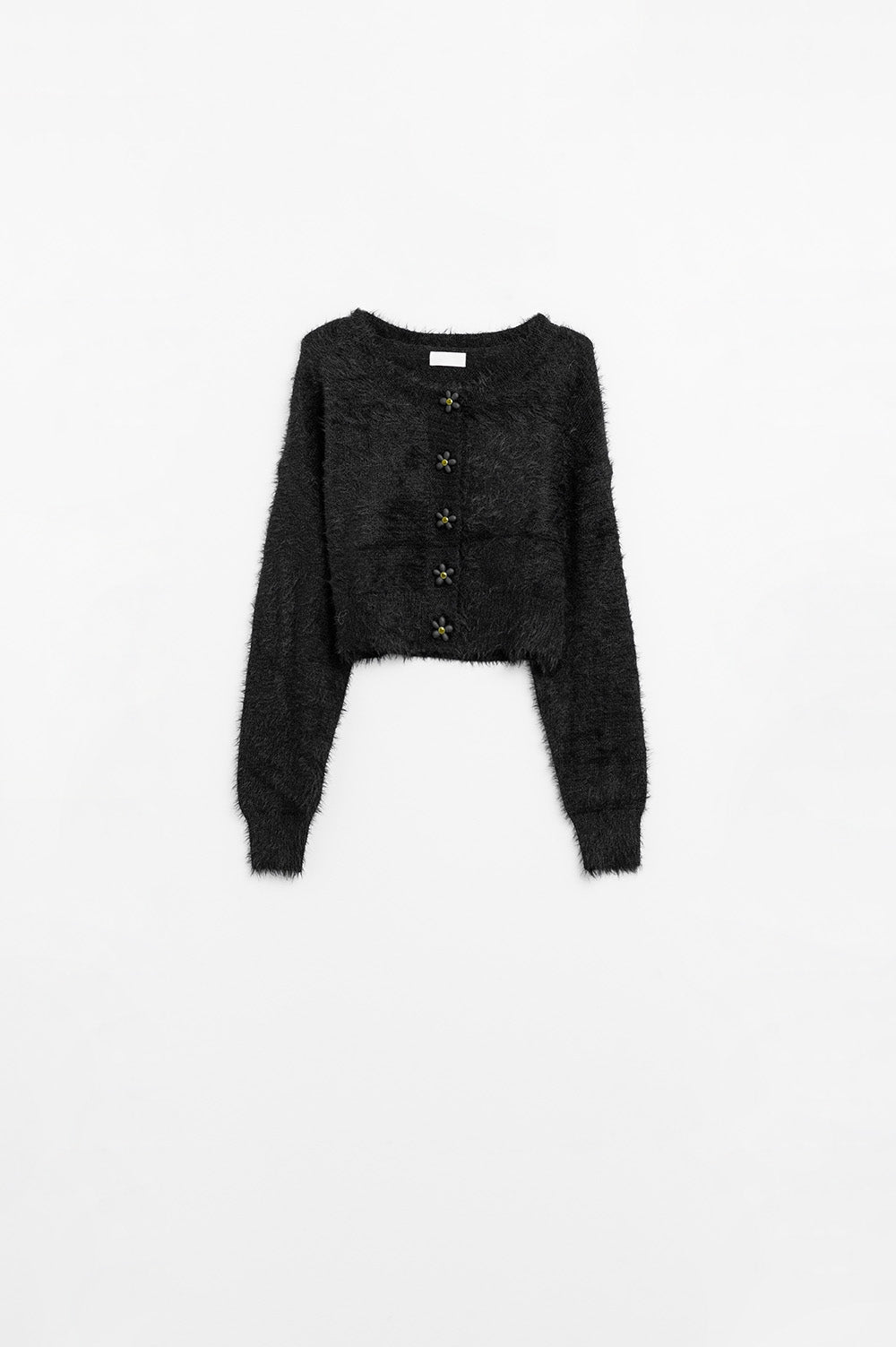 Short and fluffy black cardigan with flower buttons | Just Cool Beans — sweaters | bottoms