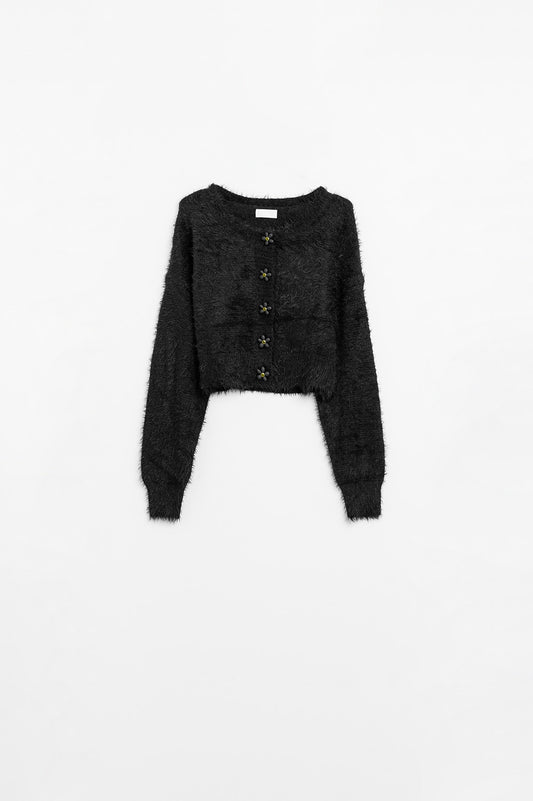 Short and fluffy black cardigan with flower buttons | Just Cool Beans — sweaters | bottoms