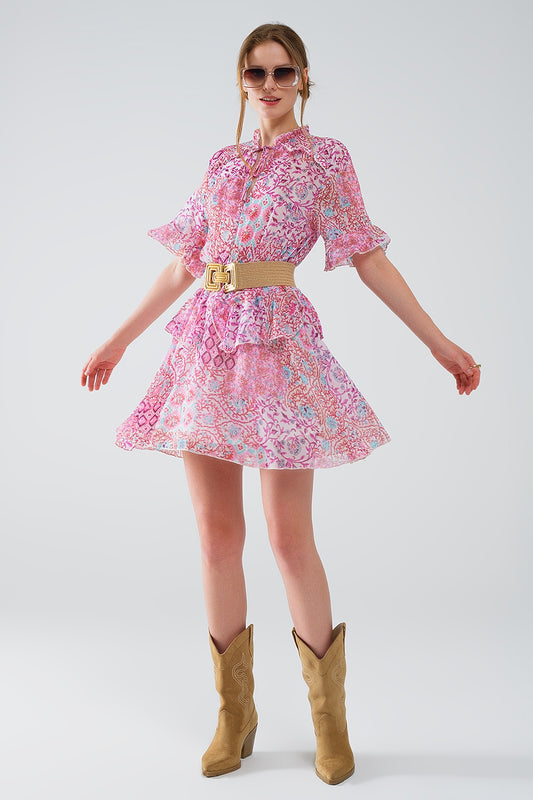 Short dress with abstract print and ruffled skirt in shades of pink | Just Cool Beans — dresses | bottoms