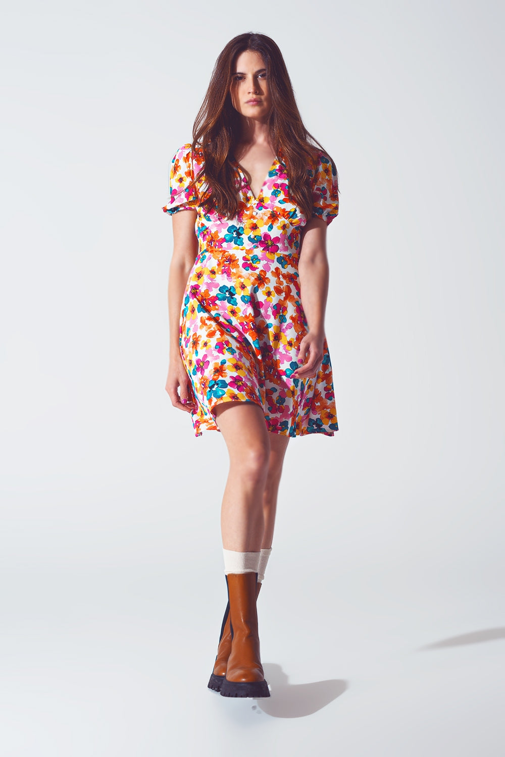 Short dress with cinched waist in multicolor floral print | Just Cool Beans — dresses | bottoms