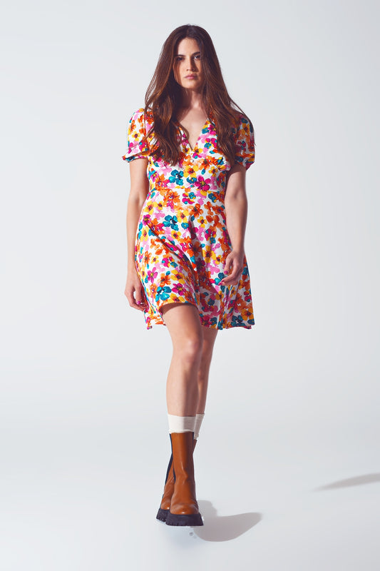 Short dress with cinched waist in multicolor floral print | Just Cool Beans — dresses | bottoms