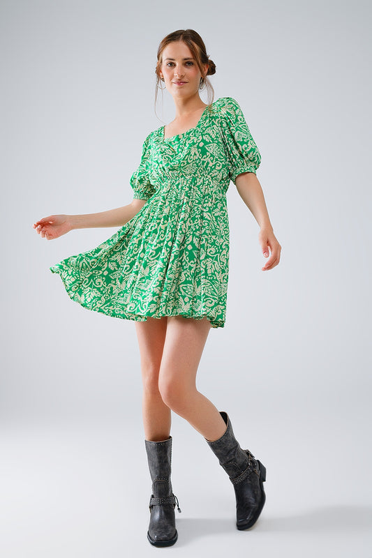 Short floral print dress with gathered back in green | Just Cool Beans — dresses | bottoms