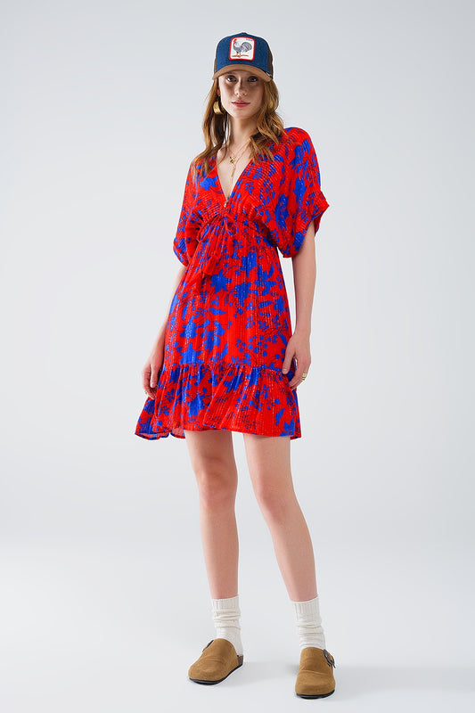 Short flowy dress in red with blue floral print | Just Cool Beans — dresses | bottoms