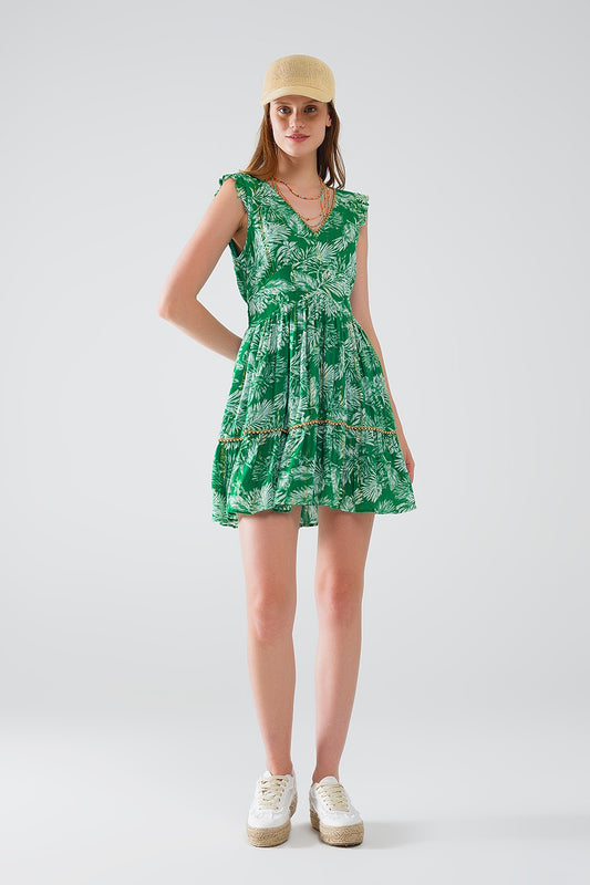 Short green boho flower print dress with lurex detail | Just Cool Beans — dresses | bottoms