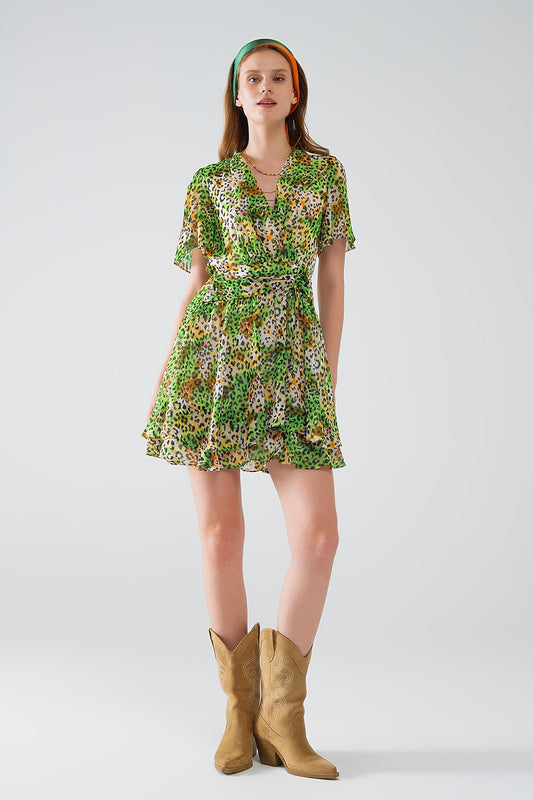 Short green multicolored dress with crossed top with animal print | Just Cool Beans — dresses | bottoms
