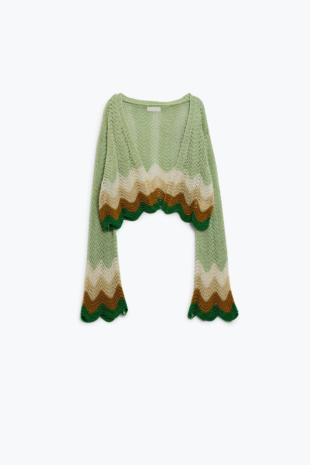 Short knitted cardigan with angel sleeves and wave multicolor detail in green | Just Cool Beans — sweaters | bottoms