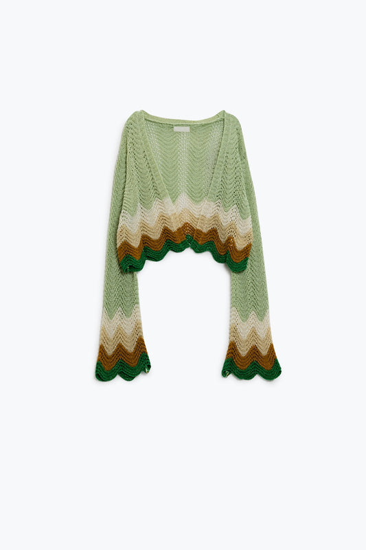 Short knitted cardigan with angel sleeves and wave multicolor detail in green | Just Cool Beans — sweaters | bottoms