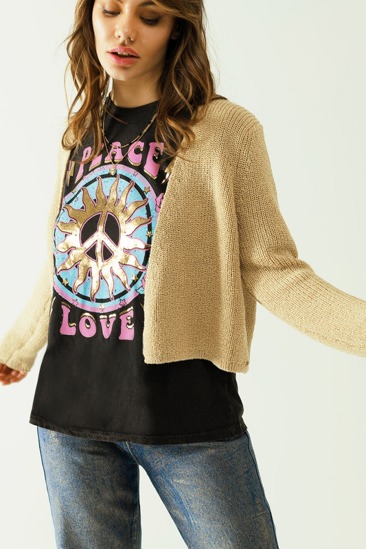 Short open cardigan in beige knit with long sleeves | Just Cool Beans — sweaters | bottoms