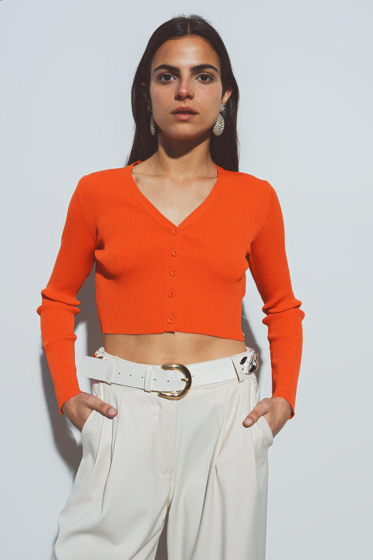 Short ribbed cardigan in orange | Just Cool Beans — sweaters | bottoms