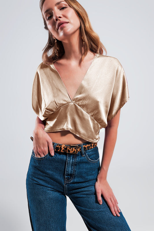 Short sleeve cropped satin top in beige | Just Cool Beans — tops | bottoms