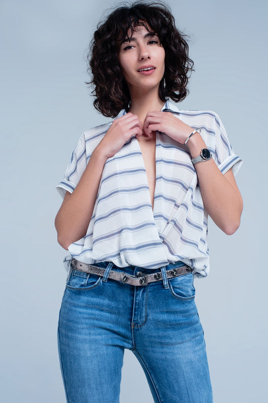 White short sleeve drape wrap blouse with blue striped design | Just Cool Beans — shirts | bottoms