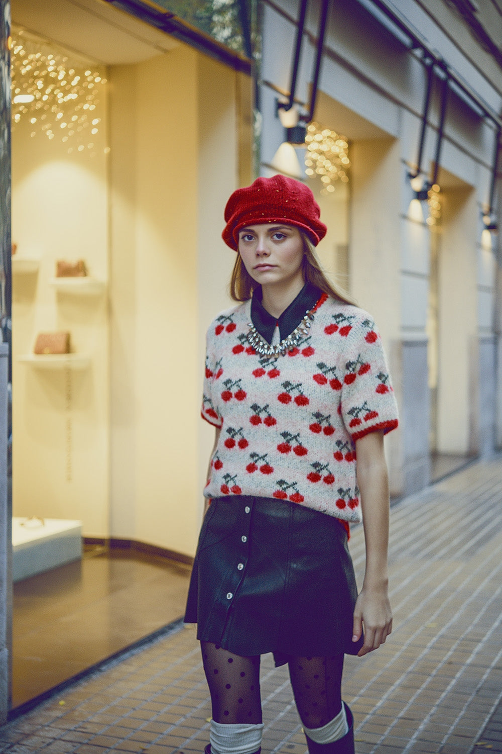 Short sleeve ecru sweater with cherry print | Just Cool Beans — sweaters | bottoms